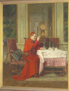 Interior Scene With A Cardinal 
Seated At A Table Feeding A Small Dog Signed, Also Inscribed On A Label 
Verso