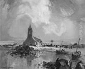 E. "prozession Vor Notre Dame De
 La Joie In St. Guenole". Sign., Rucks. Auf Keilrahmen Betitelt. Ol
 Auf Lwd. 46 X 55 Cm. Rahmen by Emmanuel Marcel-Laurent