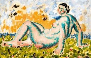 Jeune Femme Brune Allongee Dans L'herbe, Circa 1920 by Jules Oury, Dit Marcel-Lenoir