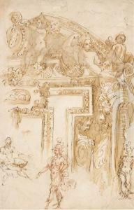 Studies Of Part Of An Elaborate Overdoor And Of Three Figures by Marco Marchetti, Called Marco Da Faenza
