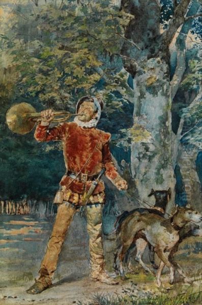 Junger, Mittelalterlich
Gekleideterjager Mit Jagdhunden Und Jagdhorn Unter Einem Baum Amwaldrand - view 1