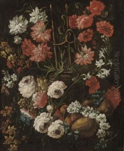 Chrysanthemums, Hyacinths And Peonies In An Urn by Elisabetta Marchioni