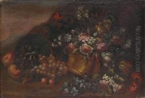 Grapes And Apples Beside A
Basket Filled With Roses, Tulips, Narcissi And Other Flowers Before An
Open Landscape by Elisabetta Marchioni