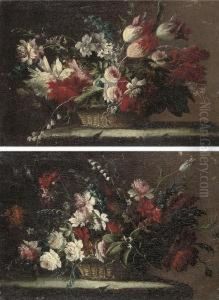 Tulips, Roses, Chrysanthemums,
Morning Glory And Other Flowers In Awicker Basket, On A Stone Ledge; And
Roses, Chrysanthemums,narcissi And Other Flowers In A Wicker Basket, On
A Stoneledge by Elisabetta Marchioni