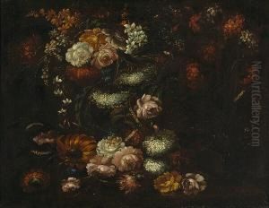 A Still Life Of A Dianthus
Plant, Roses, And Other Flowers And Caterpillers, All Resting On A Table by Elisabetta Marchioni