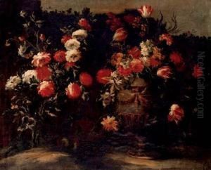 Tulips, Roses, Daffodils And Other Flowers In An Urn, On A Stone by Elisabetta Marchioni
