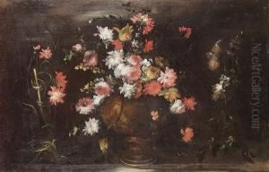 Tulips, Roses, Chrysanthemums And Other Flowers In A Bronze Urn by Elisabetta Marchioni