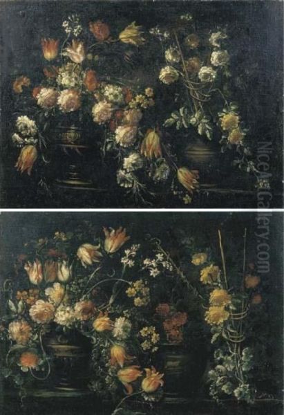 Tulipani, Rose, Garofani,
Campanule E Altri Fiori In Due Vasi Su Un Piano Di Pietra; E Tulipani,
Rose, Garofani, Campanule In Due Vasi Su Un Piano Di Pietra Ed Altri
Fiori Su Un Traliccio - view 1