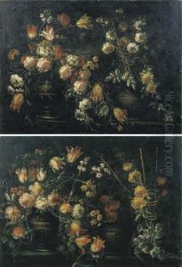 Tulipani, Rose, Garofani,
Campanule E Altri Fiori In Due Vasi Su Un Piano Di Pietra; E Tulipani,
Rose, Garofani, Campanule In Due Vasi Su Un Piano Di Pietra Ed Altri
Fiori Su Un Traliccio by Elisabetta Marchioni