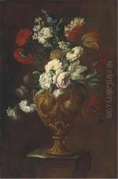 Parrot Tulips, Roses, Carnations And Other Flowers In A Sculptedvase On A Pedestal - view 1