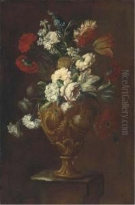 Parrot Tulips, Roses, Carnations And Other Flowers In A Sculptedvase On A Pedestal by Elisabetta Marchioni