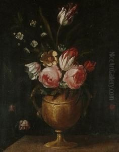 Roses, Tulips, A Yellow Rose And Other Flowers In A Bronze Urn Upon A Table Top by Elisabetta Marchioni