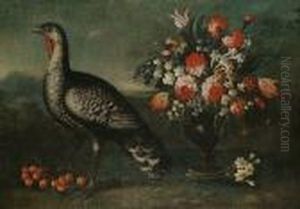 Roses, Tulips, 
Carnations,bluebells And Other Flowers In A Vase With A Turkey And 
Cherries Nearby