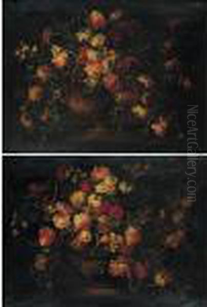 Still Lifes Of Tulips, Roses, Carnations And Other Flowers In Bronze Urns - view 1