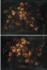 Still Lifes Of Tulips, Roses, Carnations And Other Flowers In Bronze Urns