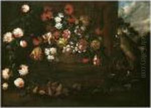 Still Life Of A Wicker Basket Of
Flowers, Pears, Figs And A Green Parrot In A Classical Garden by Elisabetta Marchioni