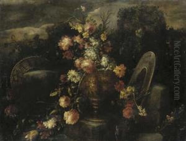 A Garland Of Roses, Carnations, Narcissi And Other Flowers In Abronze Urn On A Plinth - view 1