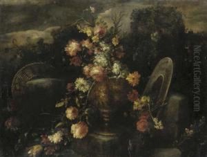 A Garland Of Roses, Carnations, Narcissi And Other Flowers In Abronze Urn On A Plinth