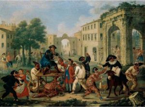 A Carnival Scene With Figures In Masquerade Dress Riding A Donkey In A Street