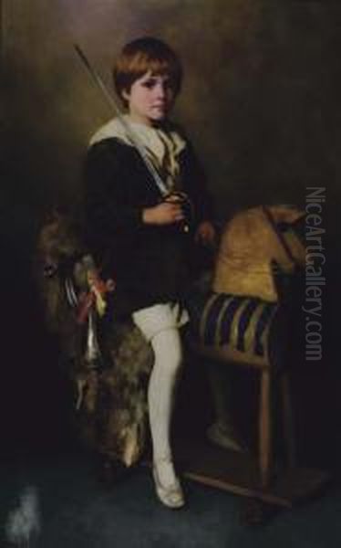 Boy, Full Length, Mounted On A Wooden Horse, Holding A Sword - view 1