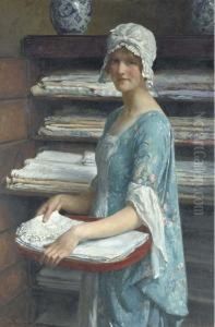 Her Dower: A Study Of A Girl Arranging Linen