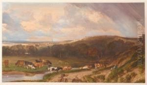 French Landscape With Herd Of Cows By A River. by Prosper-Georges-Antoine Marilhat