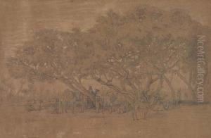 An Oasis With A Caravan Resting Under Banyan Trees