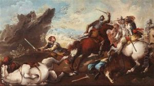 Schlacht Aufeiner Brucke; Schlacht Unter Einem Felsen by Antonio Maria Marini