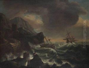 Navires Sur Une Mer Agitee Pres D'une Cote Rocheuse