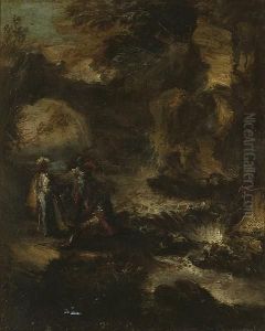 Soldiers By A Cascading River With A Rocky Arch In The Distance by Antonio Maria Marini