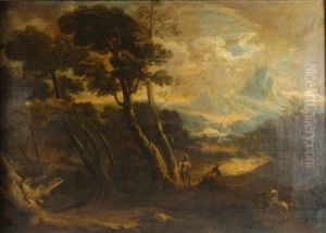 " Paesaggio Con Alberi , Cavalieri E Soldati " Olio Su Tela In Cornice by Antonio Maria Marini
