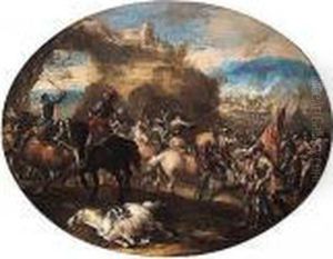 A Cavalry Battle Before A Hill-top Town by Antonio Maria Marini