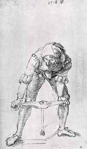 Young Man Leaning Forward And Working With A large Drill by Albrecht Durer