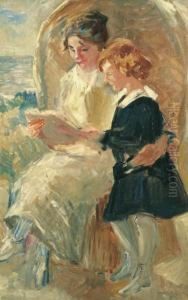 A Lady Seated In A Wicker Beach Chair Reading With A Girl