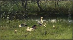 Ducks And Their Ducklings By The Waterside by Willem Maris