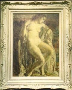 Female Nude Seated On A Draped Armchair by Louis Mark