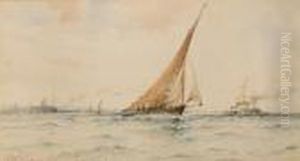 Fishing Boats And Other Vessels Before A Harbour by Albert Ernest Markes