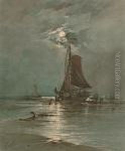Fishing Boats At Low Tide By Moonlight by Albert Ernest Markes