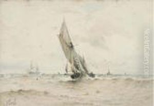 On The Crest Of A Wave; And A Brig At Anchor, Offshore, Drying Her Sails