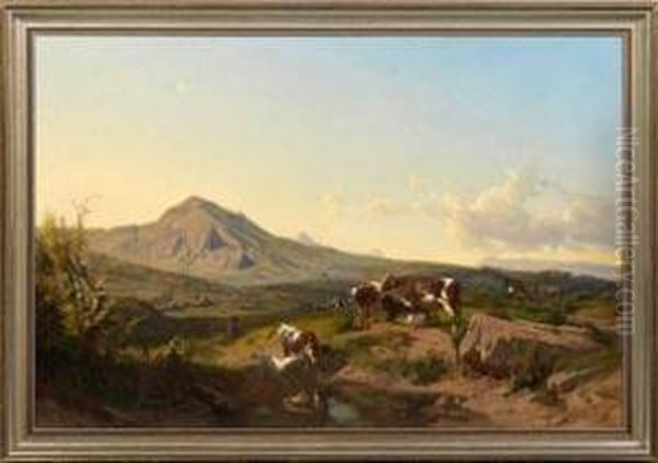 Campagnalandschaft Bei Rom Mit Rastendem Hirten Und Einer Kuhherde - view 1