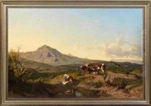 Campagnalandschaft Bei Rom Mit Rastendem Hirten Und Einer Kuhherde by Andreas Marko