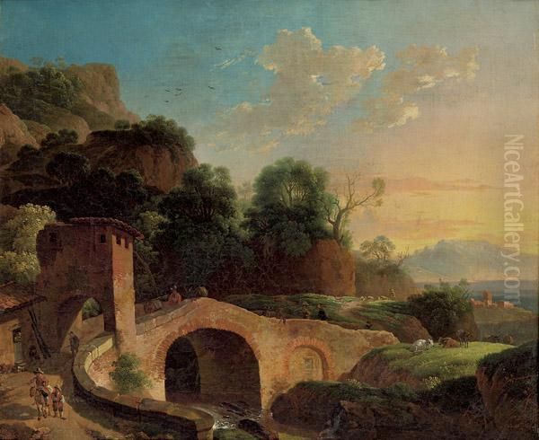 Gebirgige Sudliche Landschaft Mit Steinernen Brucke Und Reisenden - view 1