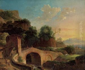 Gebirgige Sudliche Landschaft Mit Steinernen Brucke Und Reisenden by Karl I Marko