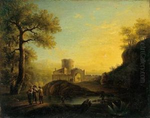 Paesaggio Boschivo Serale Con Una Fortezza E Figure