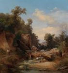 Due Pescatori In Un Paesaggio Con Ruscello E Roccia by Karoly Marko