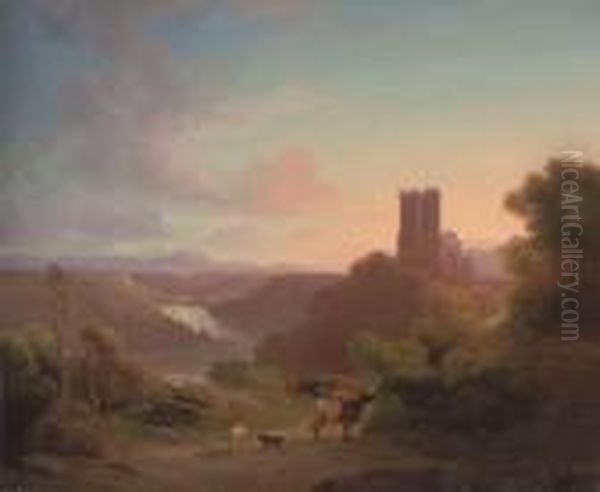 Cattle Before A Riverside Castle, Dusk - view 1