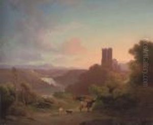 Cattle Before A Riverside Castle, Dusk