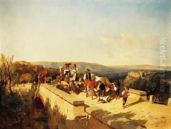 Italian Family Crossing A Bridge In An Italian Landscape,1871 - view 1
