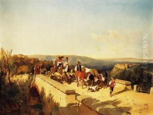 Italian Family Crossing A Bridge In An Italian Landscape,1871 by Andras Markos