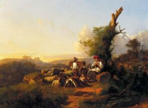 Resting Shepherd Family In Italian Lansdscape by Andras Markos